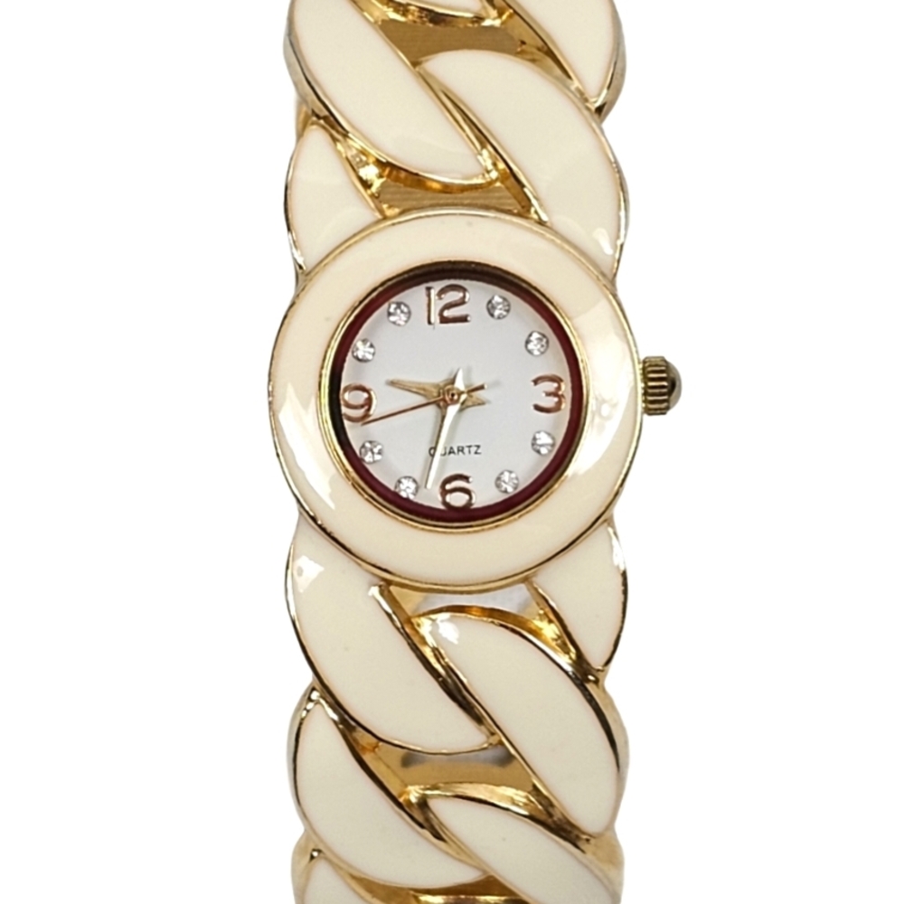Accutime Cream Enameled Ladies Hinged Quartz Wristwatch Gold Tone Parts/Repair